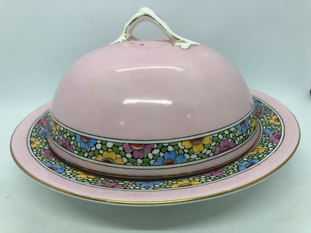 Crown Staffordshire England Muffin 8.5" Round Dish Vented Lid Pink Flower Trim